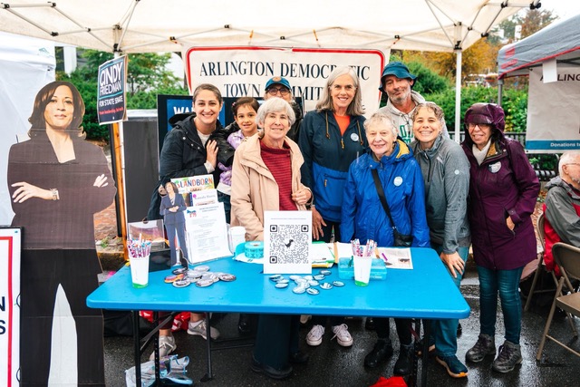 Stephanie and Olivia Swanson, Beatrice Manz (State Sen. Cindy Friedman behind), Cong. Clark, Paulette Schwartz, Ed Witham, Christa Kelleher, Lisa Pedulla, Sept. 21, 2024